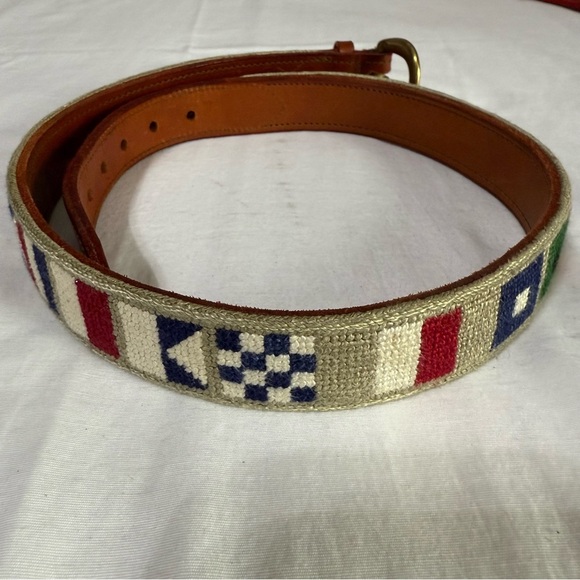 Hand Stitched Needlepoint & Leather  NAUTICAL FLAGS Size 29 Beige Initials NHP - Picture 1 of 4
